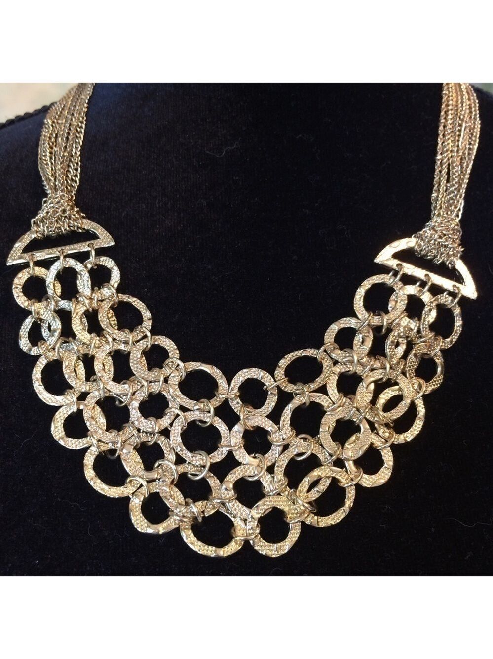 Gold Textured Hammered Link Chain Statement Necklace